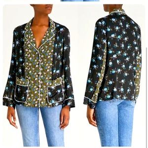 Sandro Paris Crepe & Satin Noisette Shirt In Black Floral sz.1 Small NWT